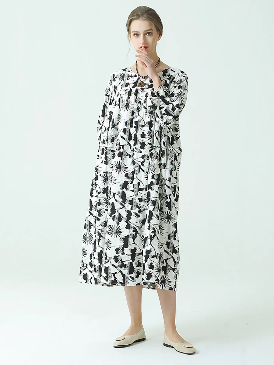 Plus Size Flower Prints O Neck Long Sleeve Pleated Plus Size Dress - Image 7