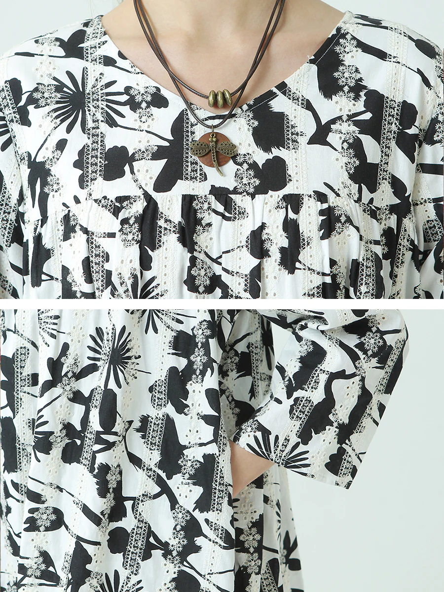 Plus Size Flower Prints O Neck Long Sleeve Pleated Plus Size Dress - Image 8