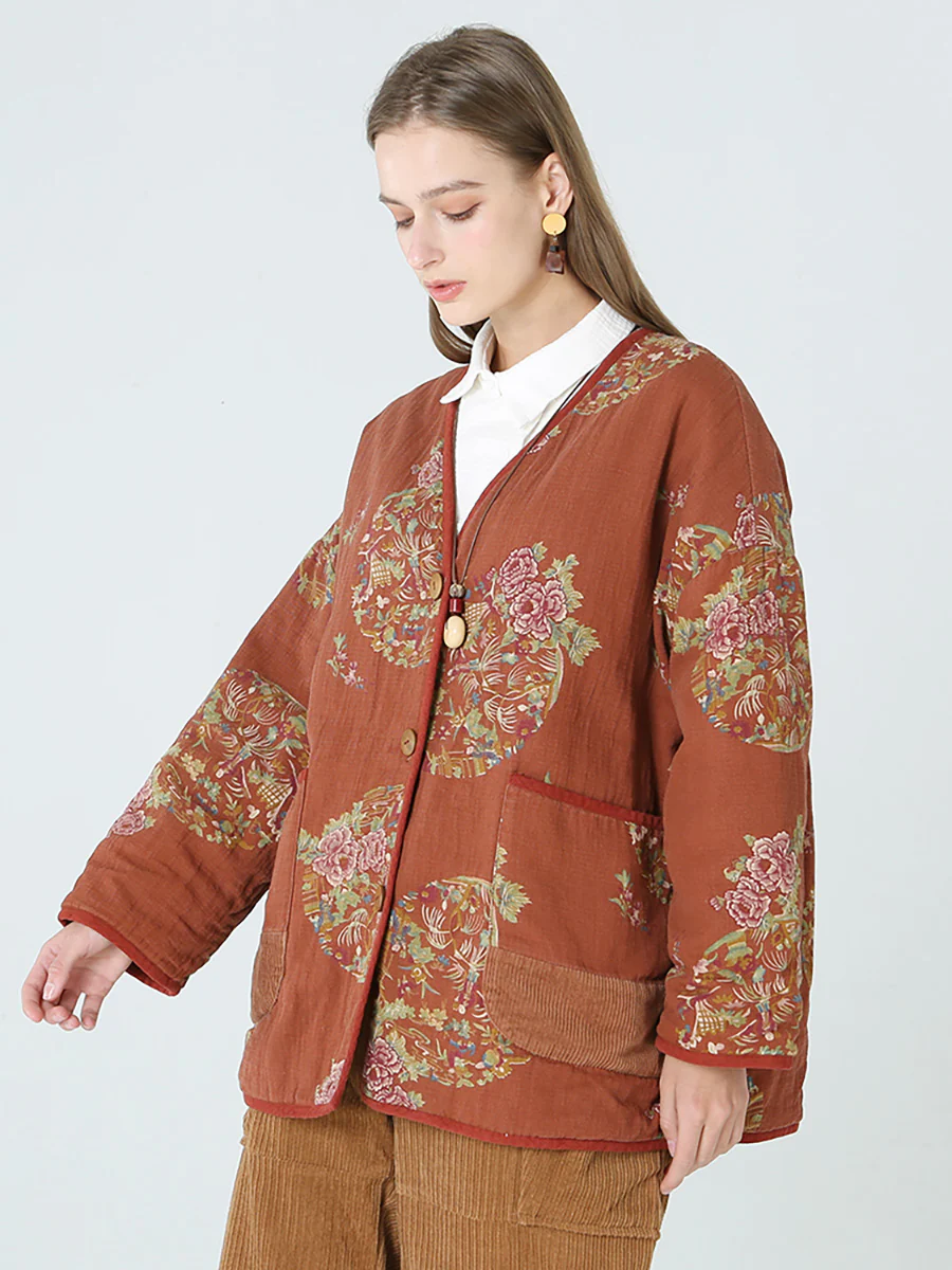 Plus Size Flower Prints Women Spring Long Sleeve Coat - Image 3