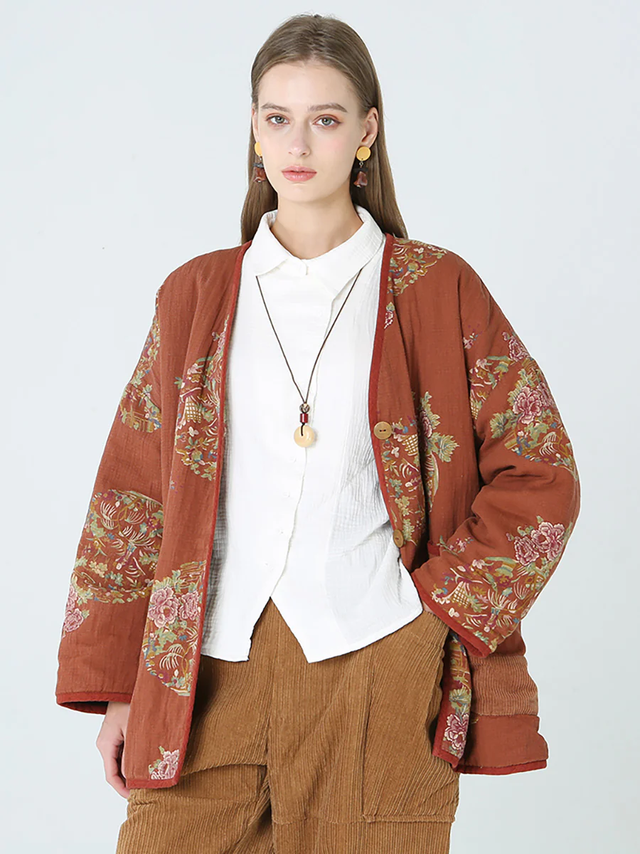Plus Size Flower Prints Women Spring Long Sleeve Coat - Image 4