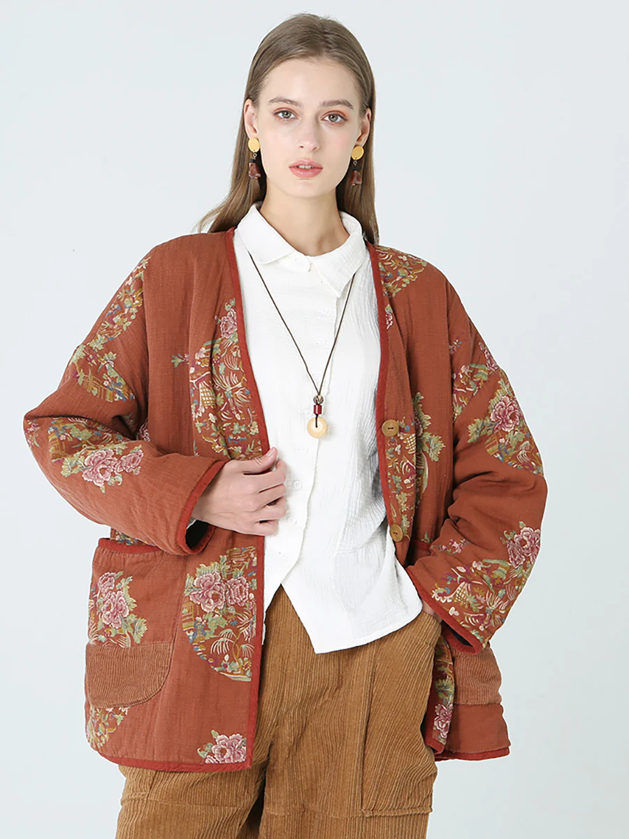 Plus Size Flower Prints Women Spring Long Sleeve Coat - Image 5
