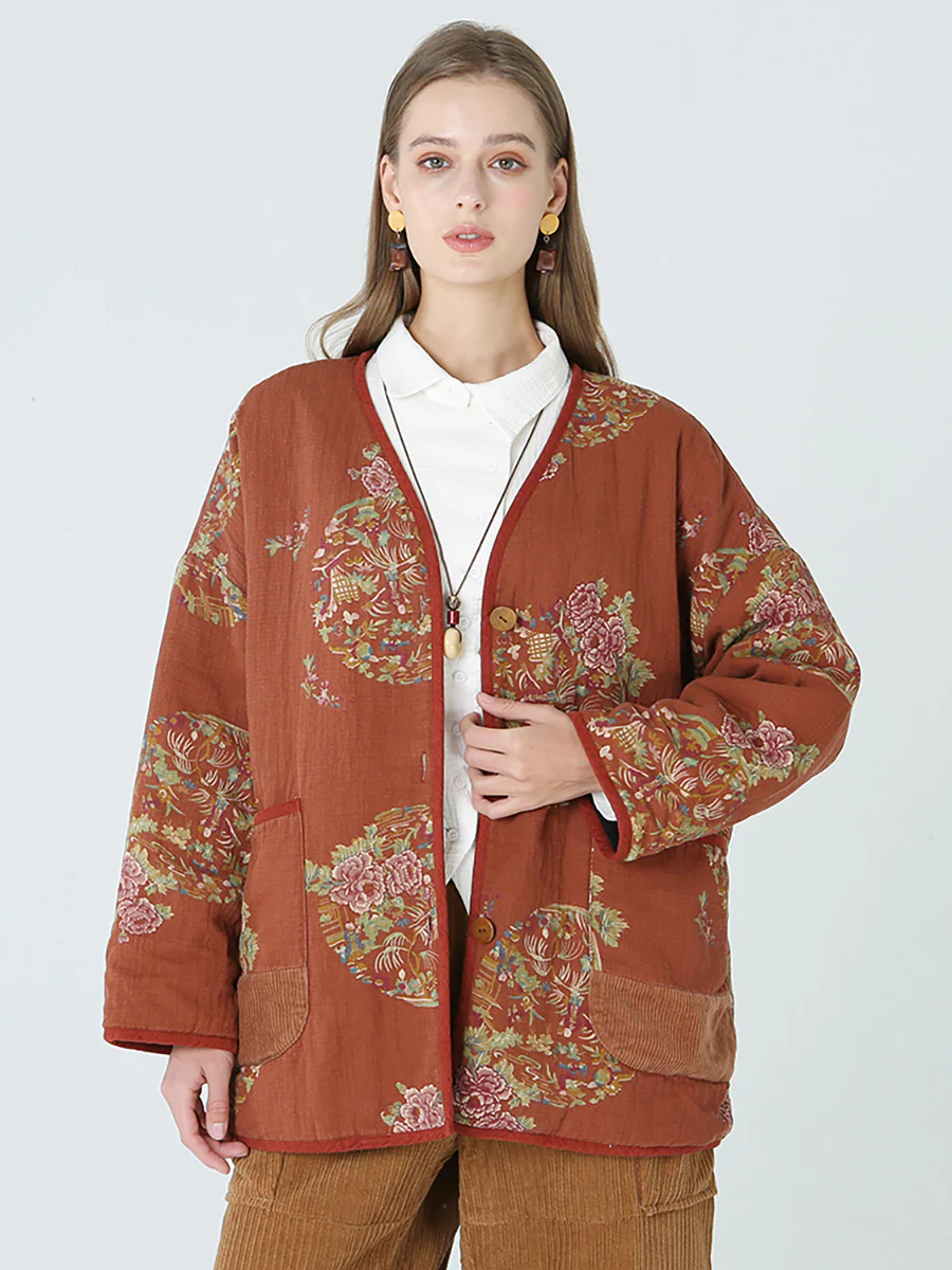Plus Size Flower Prints Women Spring Long Sleeve Coat - Image 6