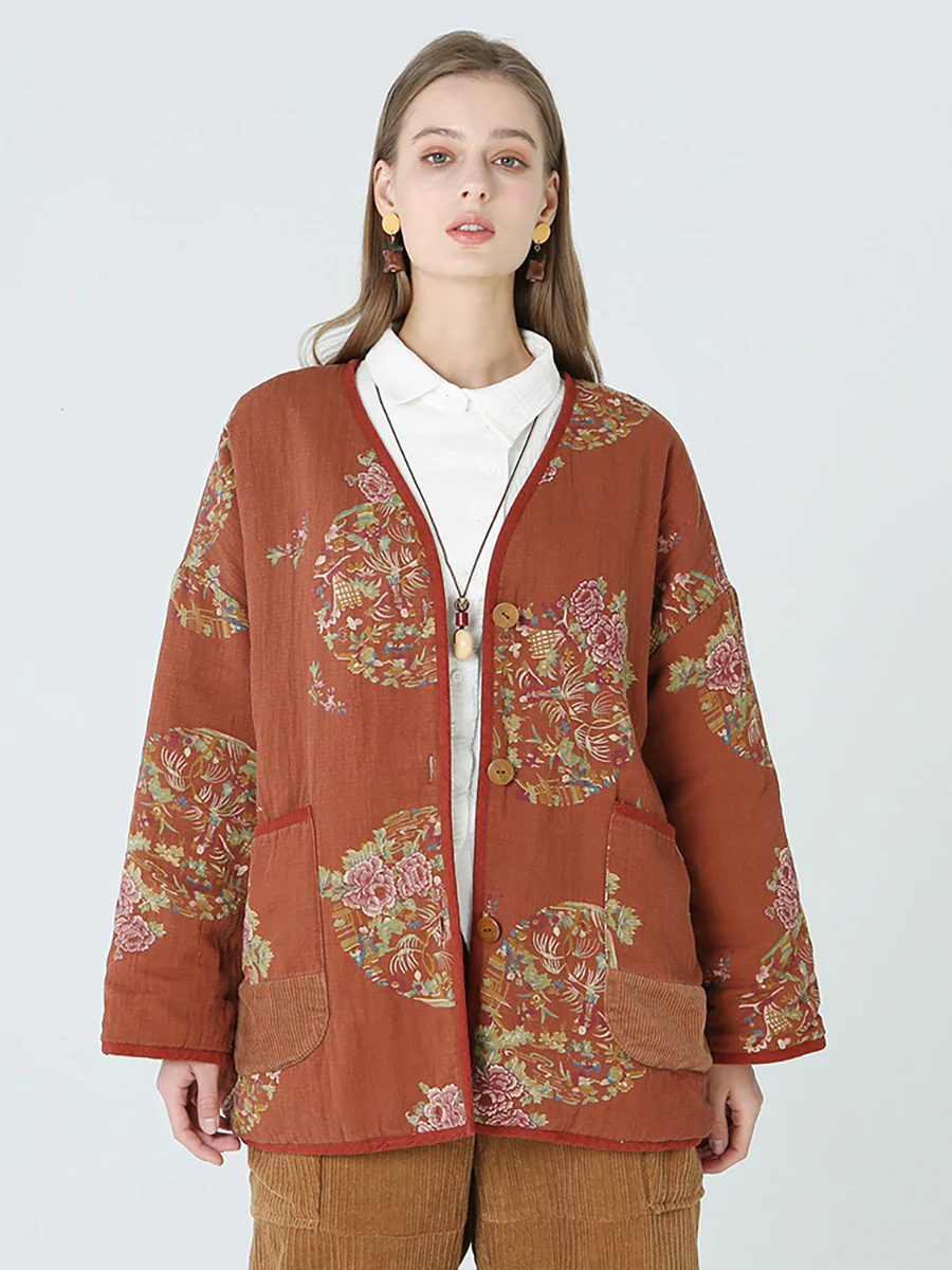 Plus Size Flower Prints Women Spring Long Sleeve Coat - Image 7