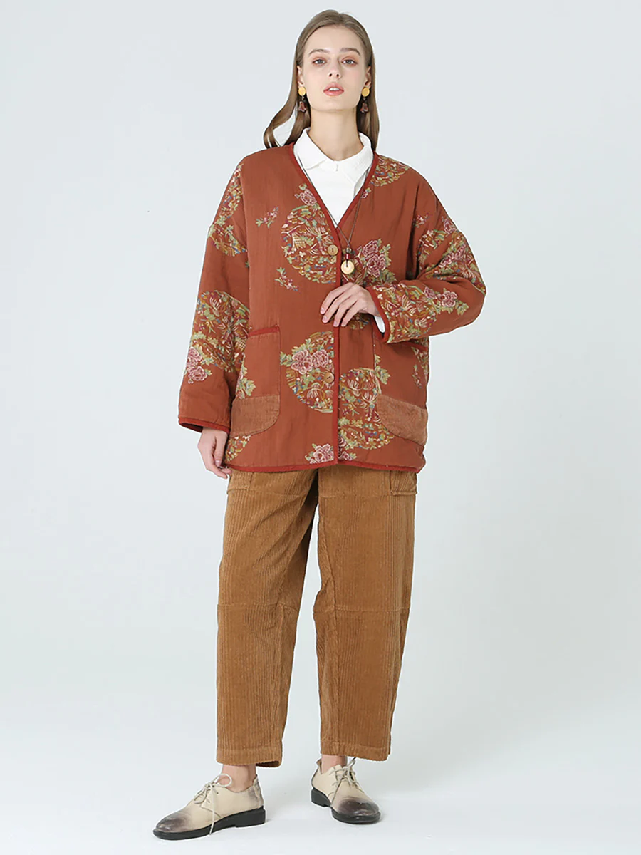 Plus Size Flower Prints Women Spring Long Sleeve Coat - Image 8