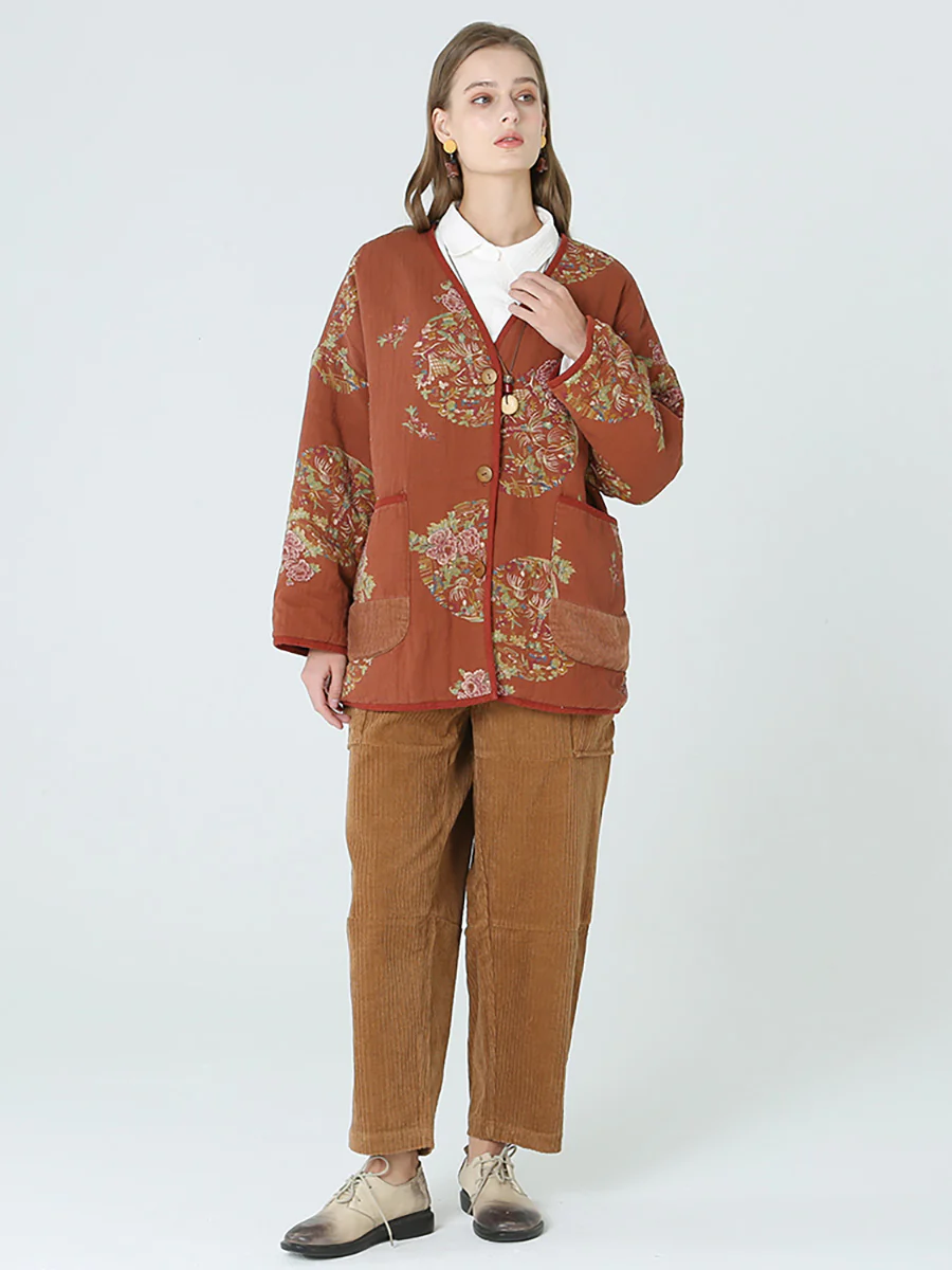 Plus Size Flower Prints Women Spring Long Sleeve Coat - Image 9