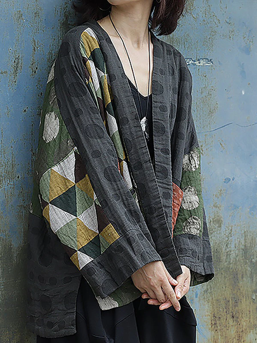 Plus Size Irregular Geometric Pattern Retro Cotton Coat - Image 3