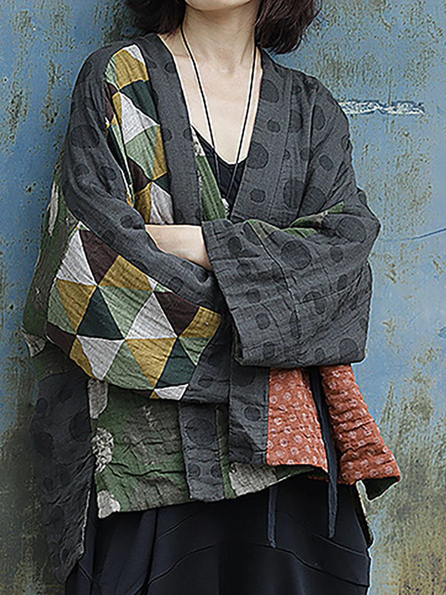Plus Size Irregular Geometric Pattern Retro Cotton Coat - Image 4