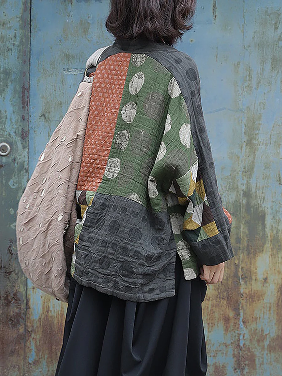 Plus Size Irregular Geometric Pattern Retro Cotton Coat - Image 5