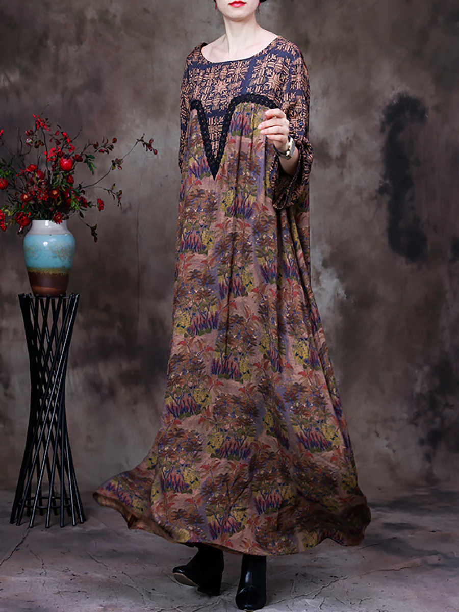 Lace Patchwork Floral Vintage Women Retro Maxi Dress - Image 4