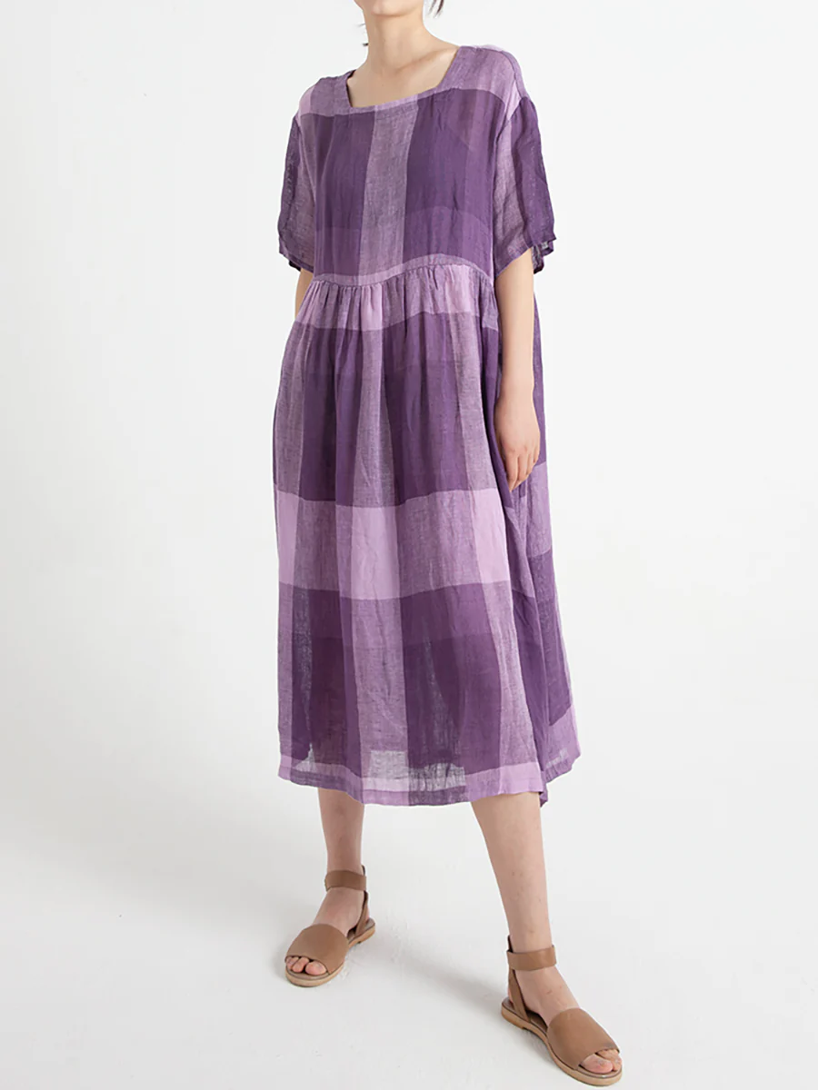 Plus Size Linen Casual Summer Short Sleeve Loose Pleated Dress - Image 3