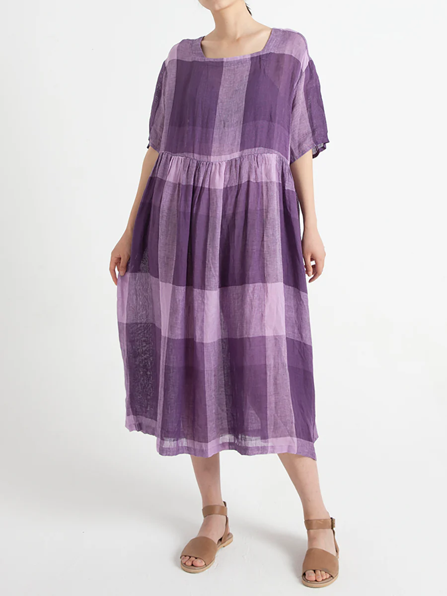 Plus Size Linen Casual Summer Short Sleeve Loose Pleated Dress - Image 4