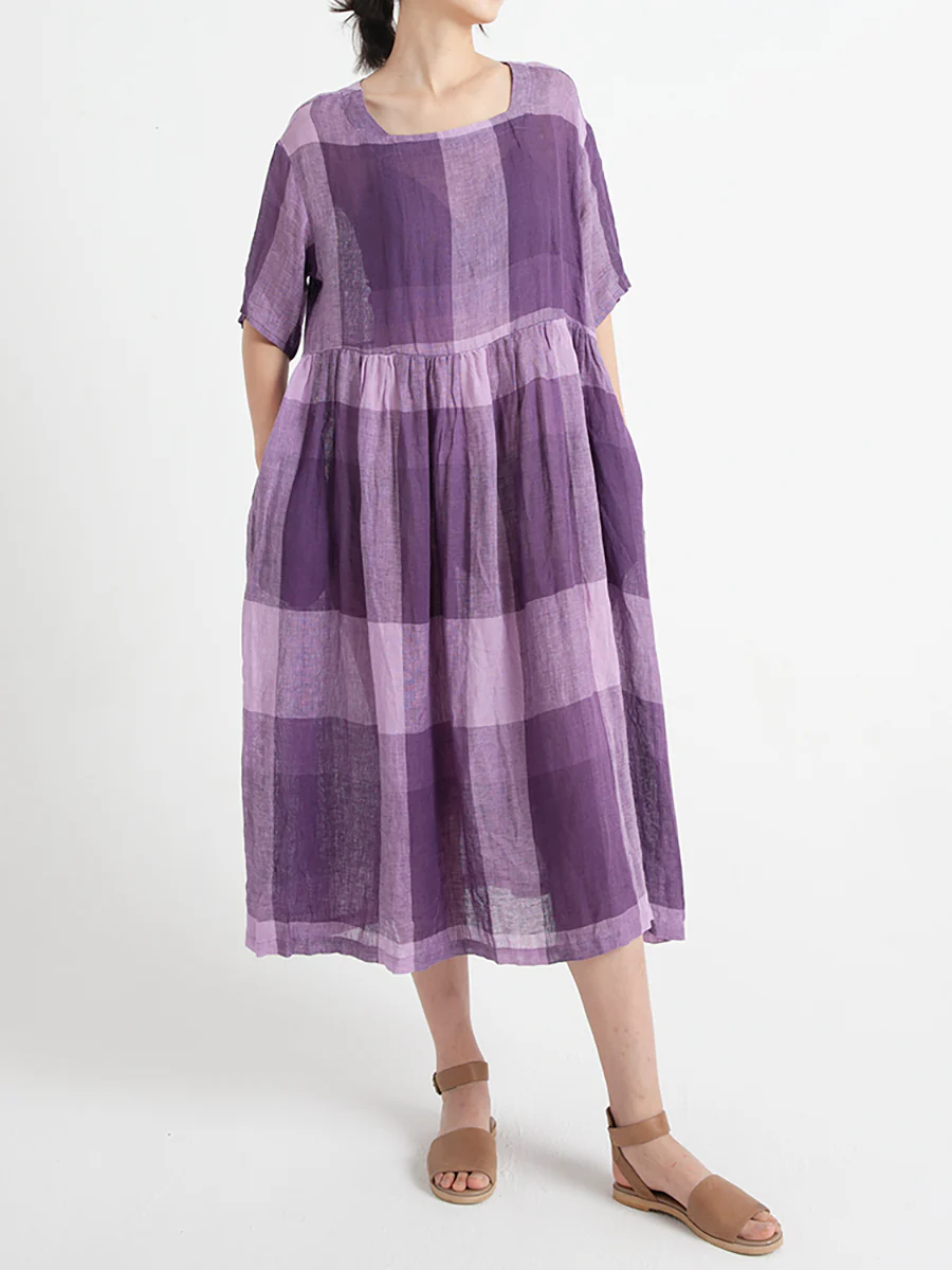 Plus Size Linen Casual Summer Short Sleeve Loose Pleated Dress - Image 5