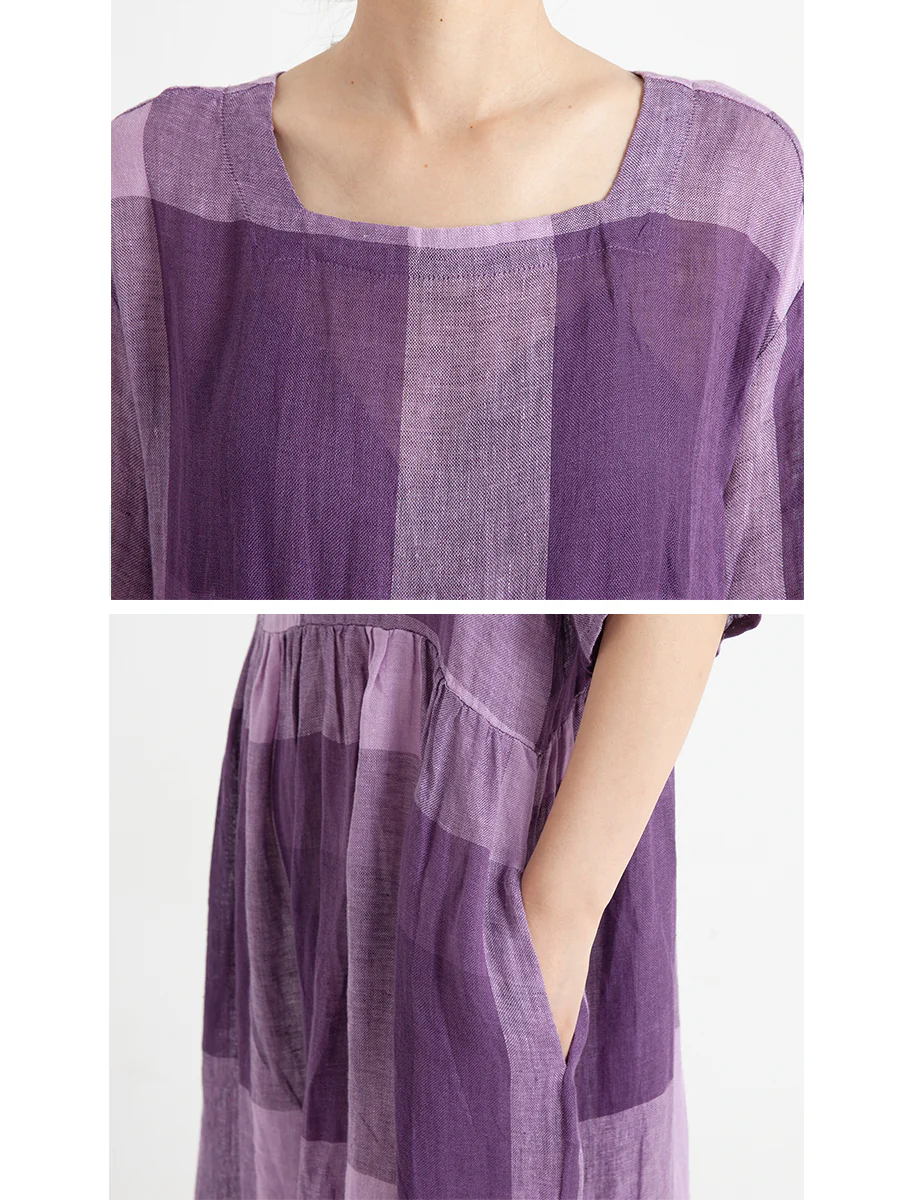 Plus Size Linen Casual Summer Short Sleeve Loose Pleated Dress - Image 7
