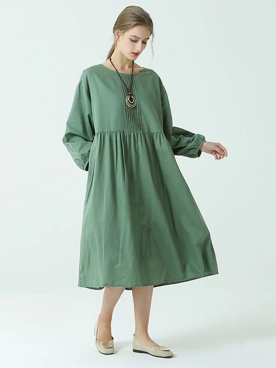 Plus Size Linen Cotton Pleated Spring Long Sleeve Dress - Image 3