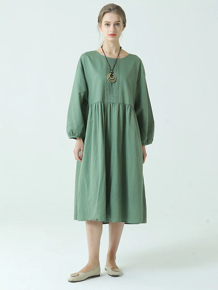 Plus Size Linen Cotton Pleated Spring Long Sleeve Dress - Image 4