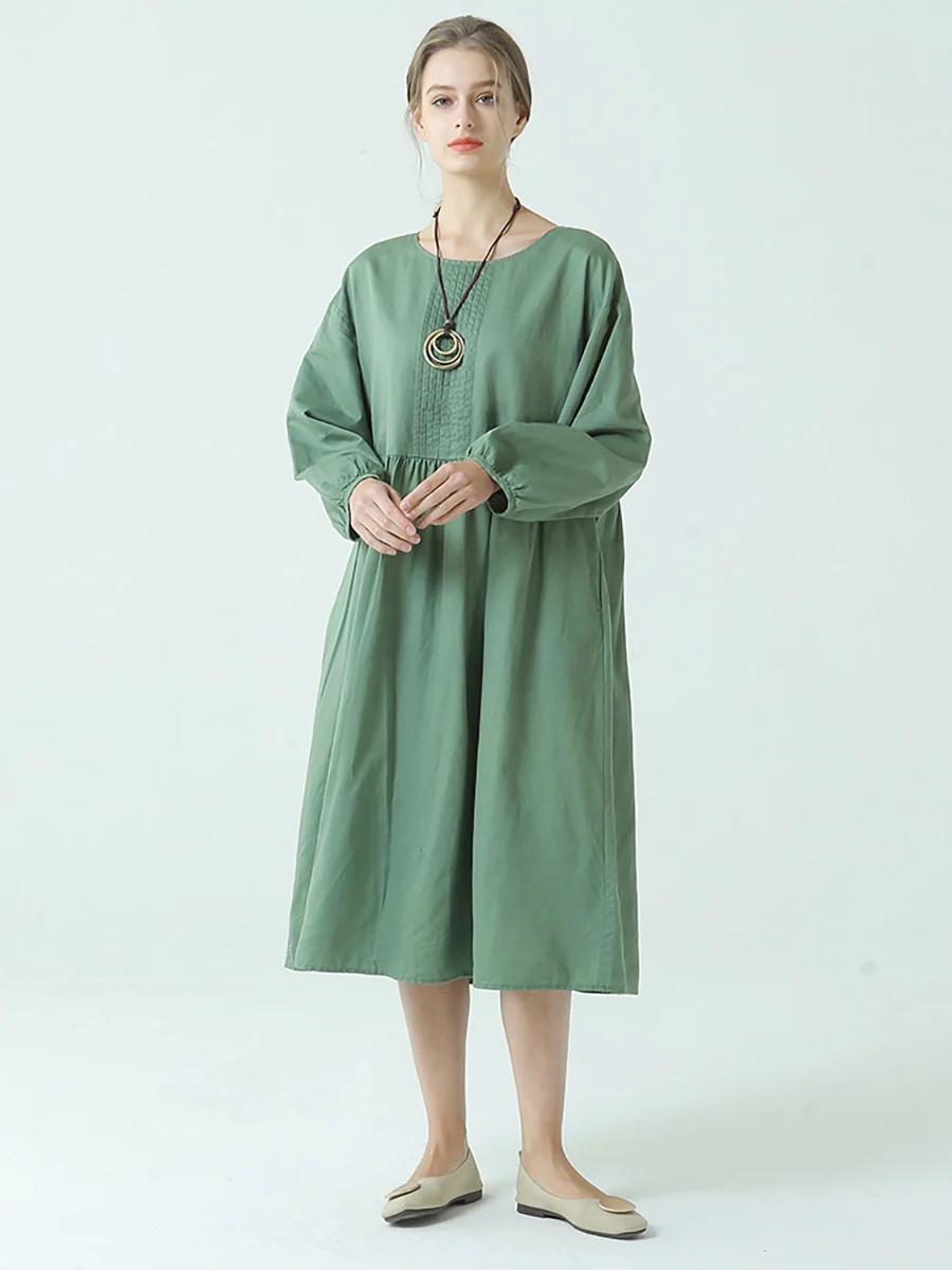 Plus Size Linen Cotton Pleated Spring Long Sleeve Dress - Image 5