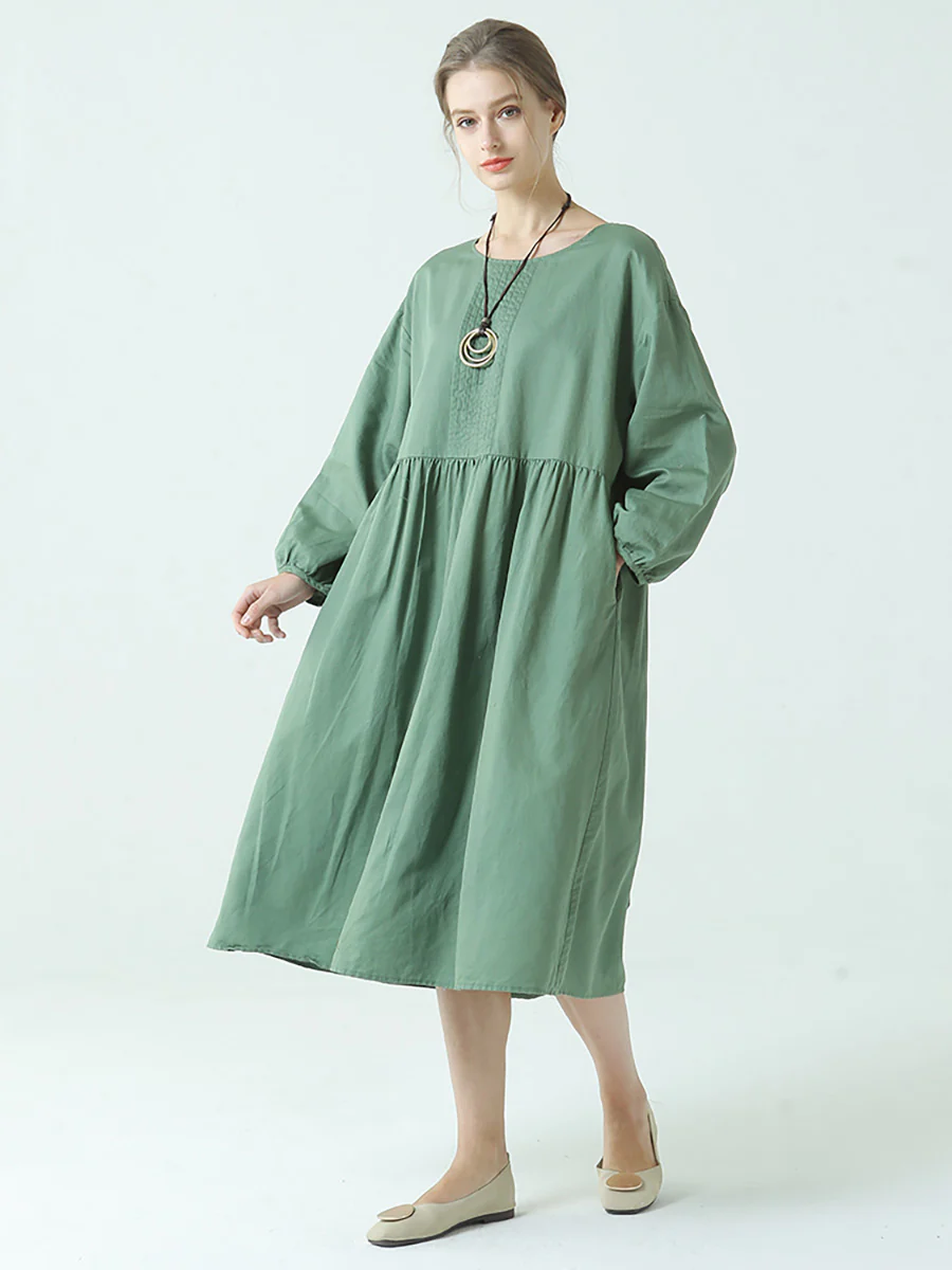 Plus Size Linen Cotton Pleated Spring Long Sleeve Dress - Image 6