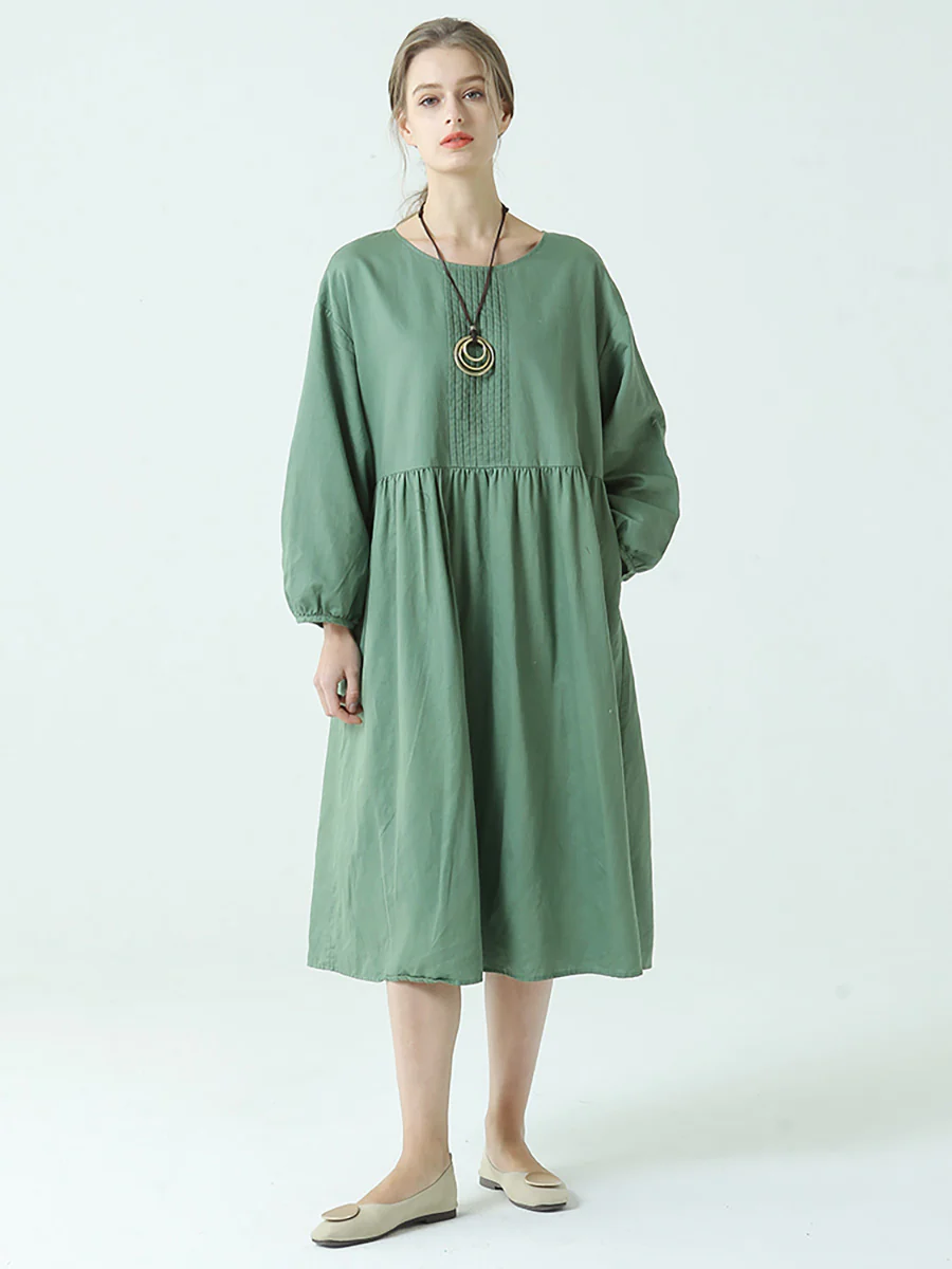Plus Size Linen Cotton Pleated Spring Long Sleeve Dress - Image 7