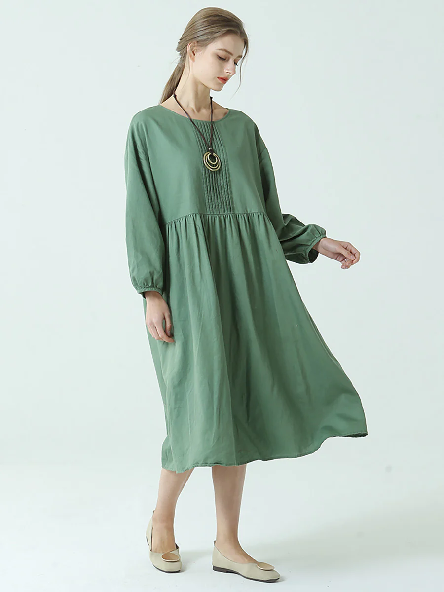 Plus Size Linen Cotton Pleated Spring Long Sleeve Dress - Image 8