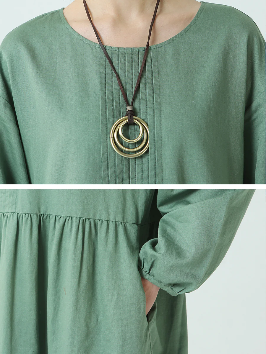 Plus Size Linen Cotton Pleated Spring Long Sleeve Dress - Image 9