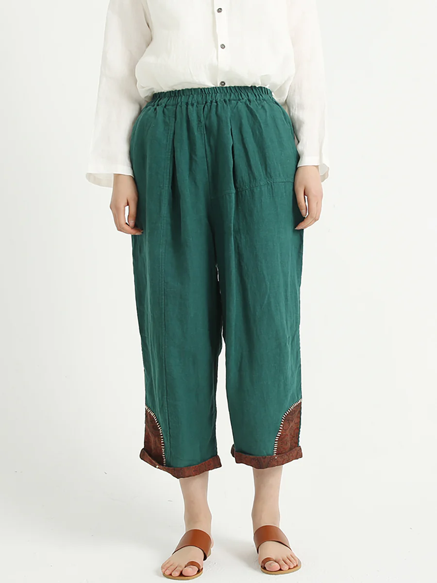 Plus Size Patchwork Linen Loose Elastic Waist Women Harem Pants - Image 3