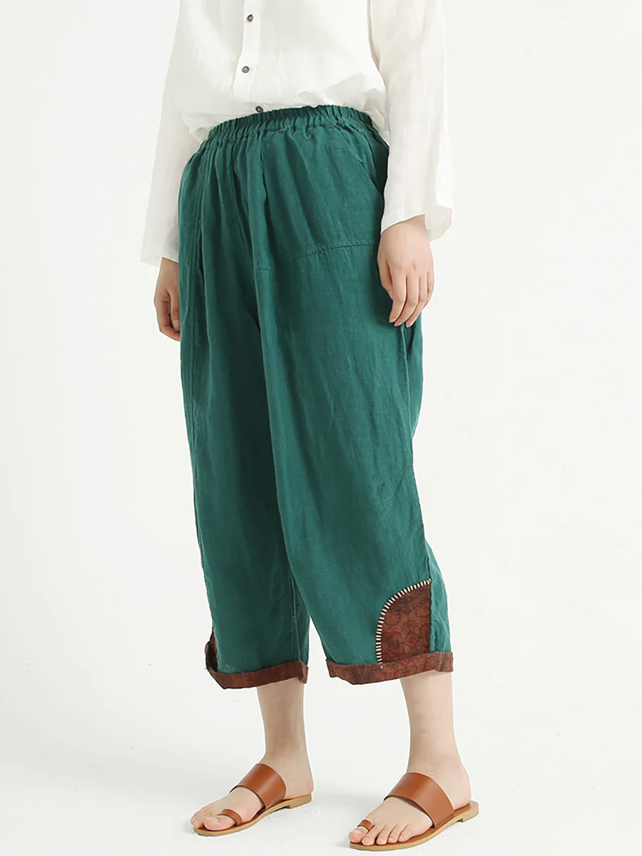 Plus Size Patchwork Linen Loose Elastic Waist Women Harem Pants - Image 4