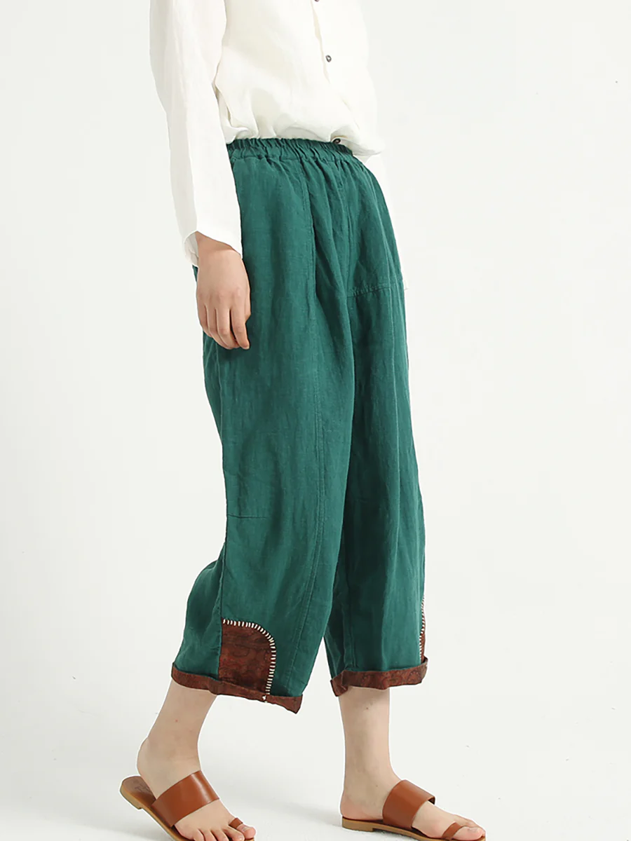 Plus Size Patchwork Linen Loose Elastic Waist Women Harem Pants - Image 5