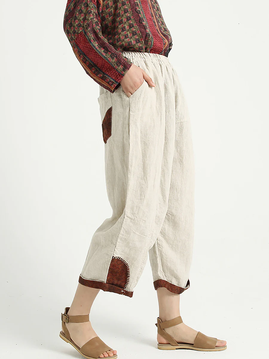 Plus Size Patchwork Linen Loose Elastic Waist Women Harem Pants - Image 6
