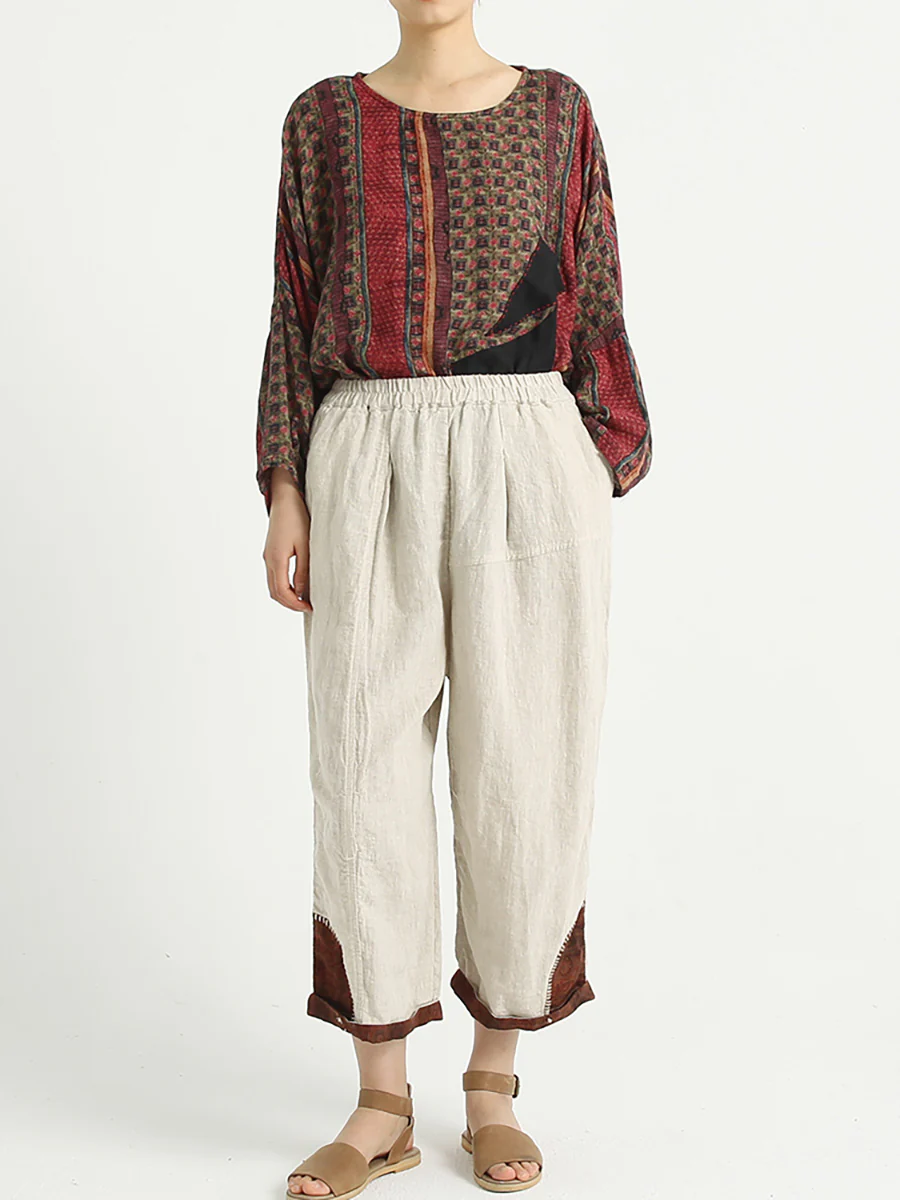 Plus Size Patchwork Linen Loose Elastic Waist Women Harem Pants - Image 7