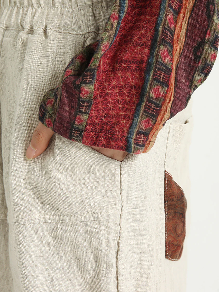 Plus Size Patchwork Linen Loose Elastic Waist Women Harem Pants - Image 8