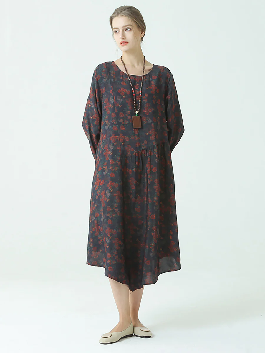 Plus Size Pleated Floral Prints Spring O Neck Loose Dress - Image 3