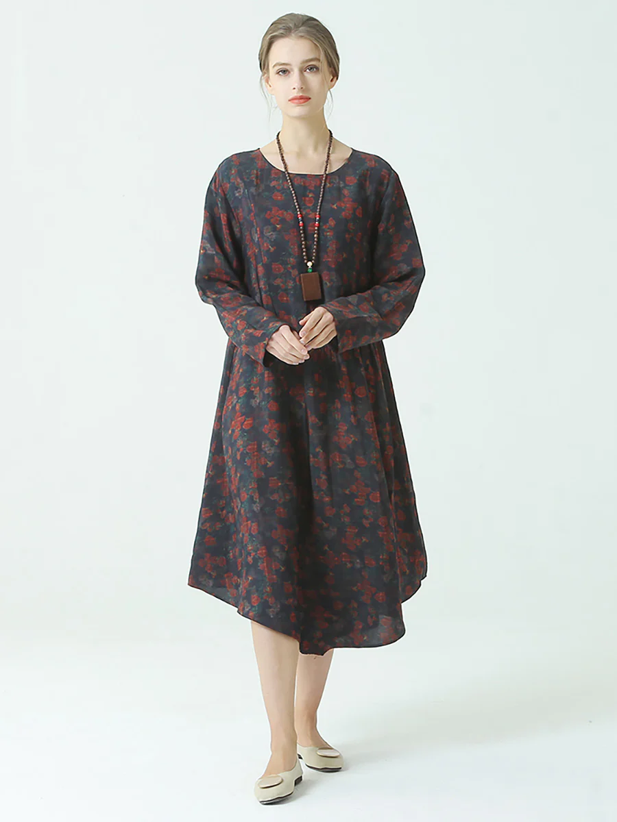 Plus Size Pleated Floral Prints Spring O Neck Loose Dress - Image 4