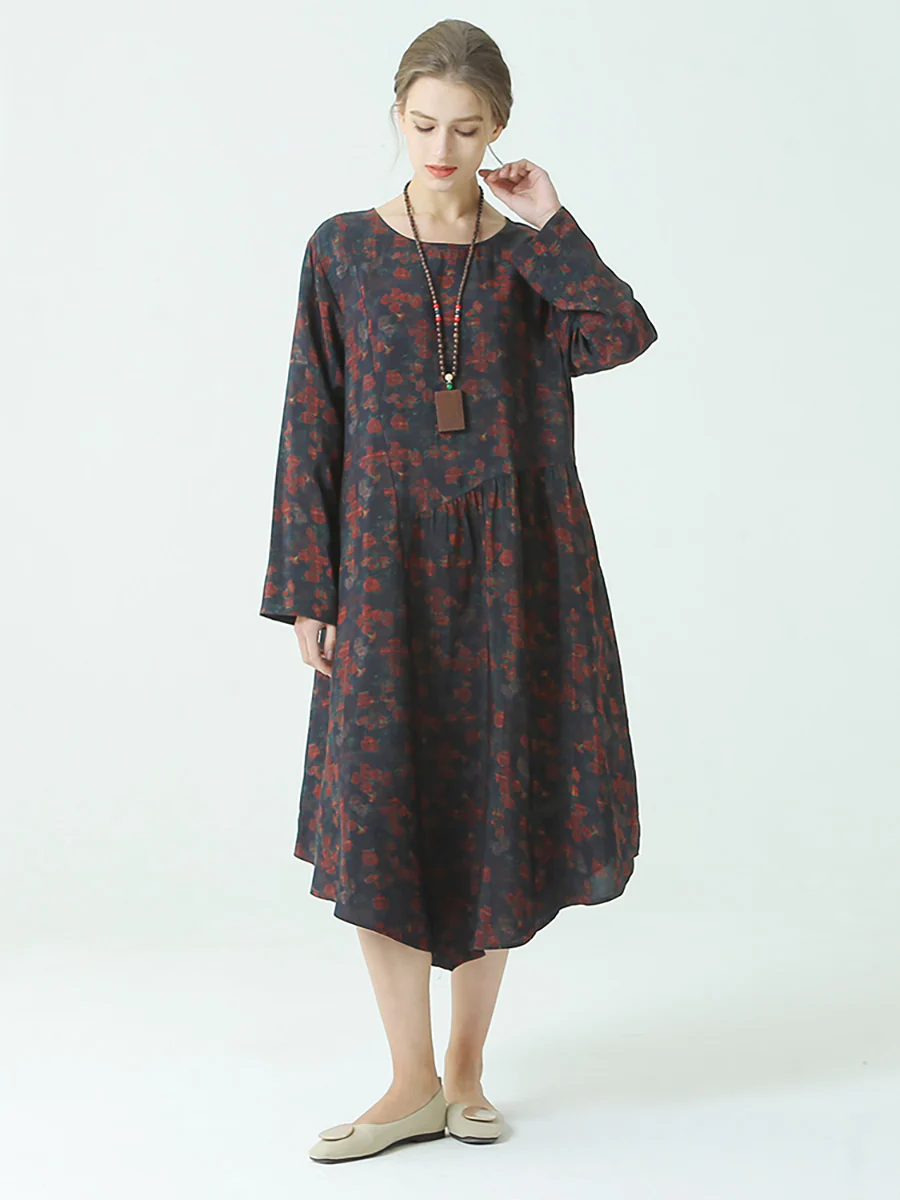 Plus Size Pleated Floral Prints Spring O Neck Loose Dress - Image 5