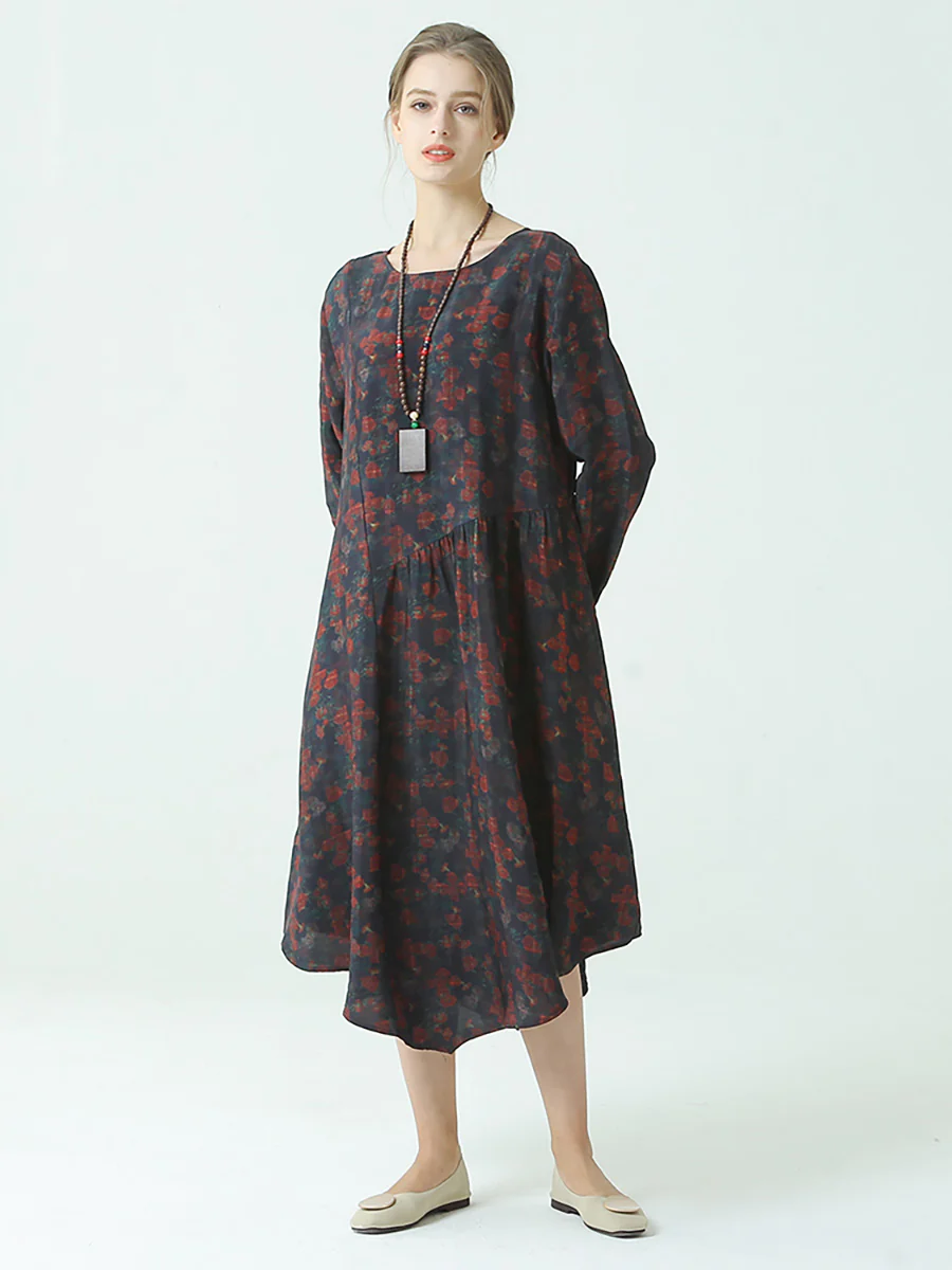 Plus Size Pleated Floral Prints Spring O Neck Loose Dress - Image 6