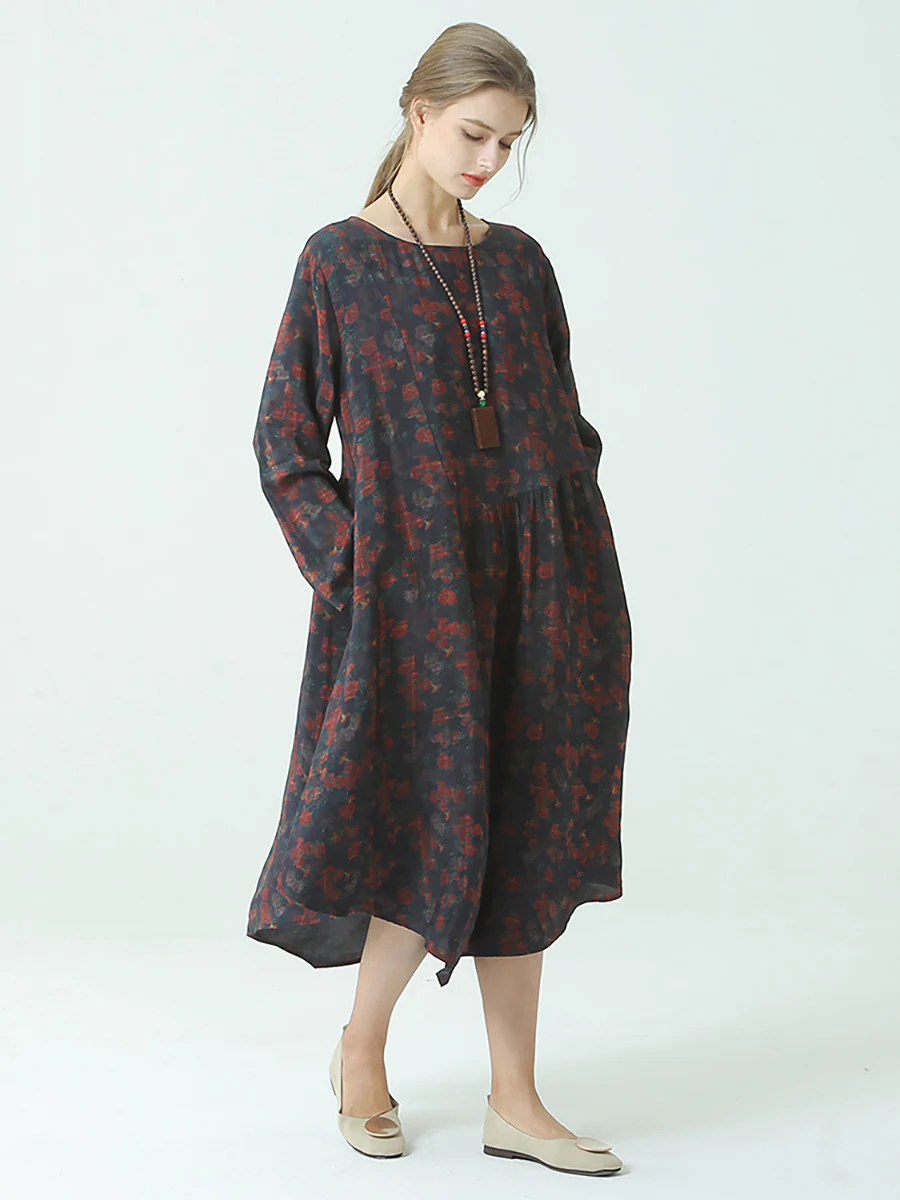 Plus Size Pleated Floral Prints Spring O Neck Loose Dress - Image 7