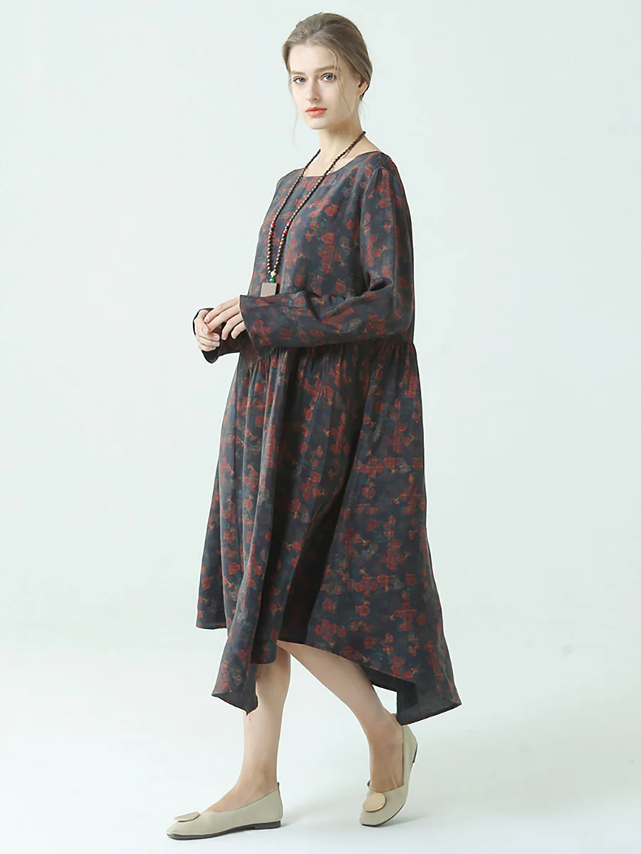 Plus Size Pleated Floral Prints Spring O Neck Loose Dress - Image 8