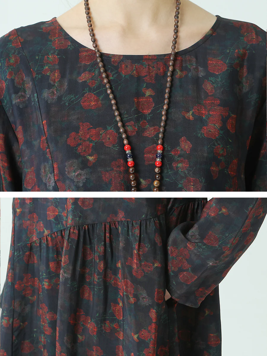 Plus Size Pleated Floral Prints Spring O Neck Loose Dress - Image 9