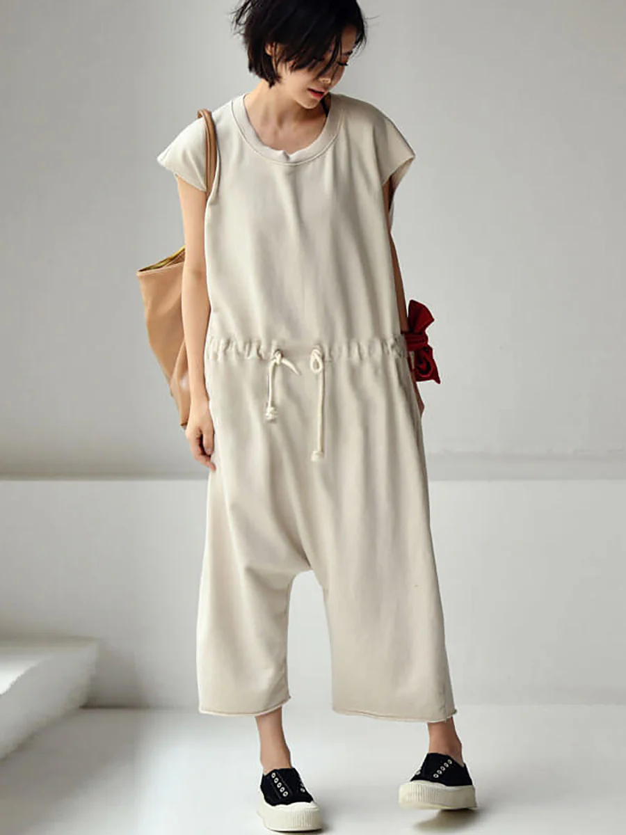 Plus Size - 100% Cotton Solid Color Drawstring Jumpsuits - Image 3