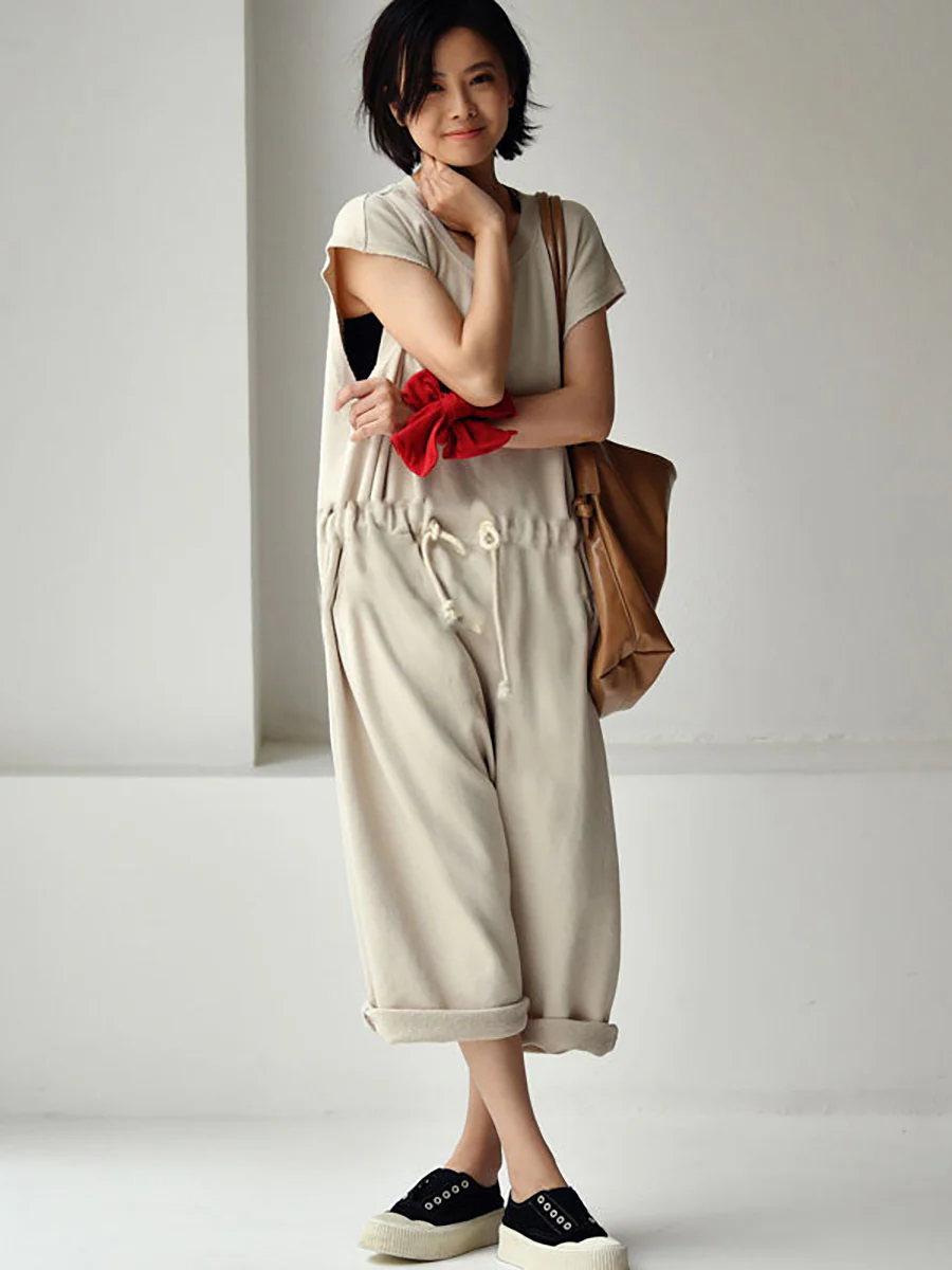 Plus Size - 100% Cotton Solid Color Drawstring Jumpsuits - Image 4