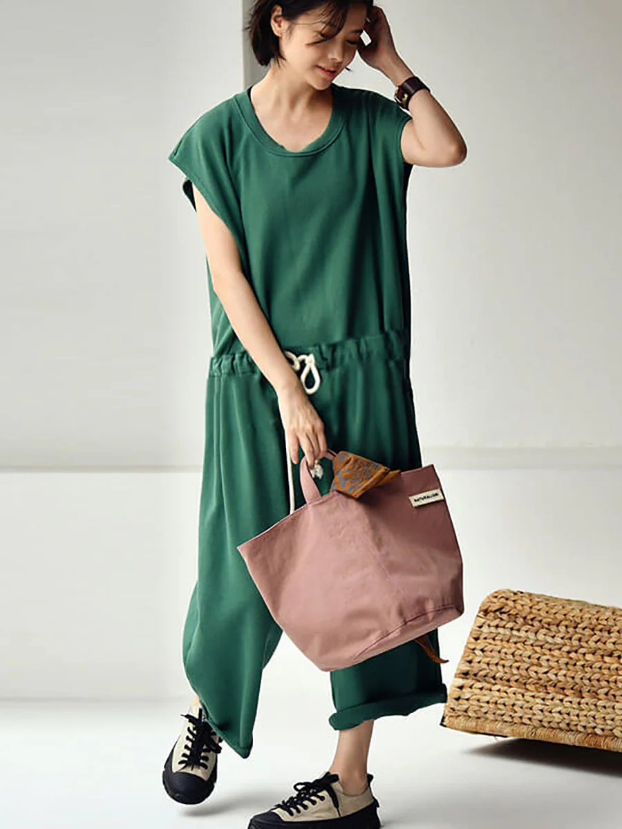 Plus Size - 100% Cotton Solid Color Drawstring Jumpsuits - Image 5