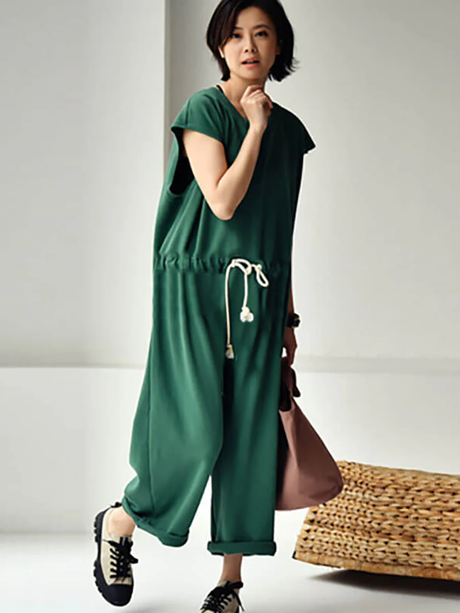 Plus Size - 100% Cotton Solid Color Drawstring Jumpsuits - Image 6