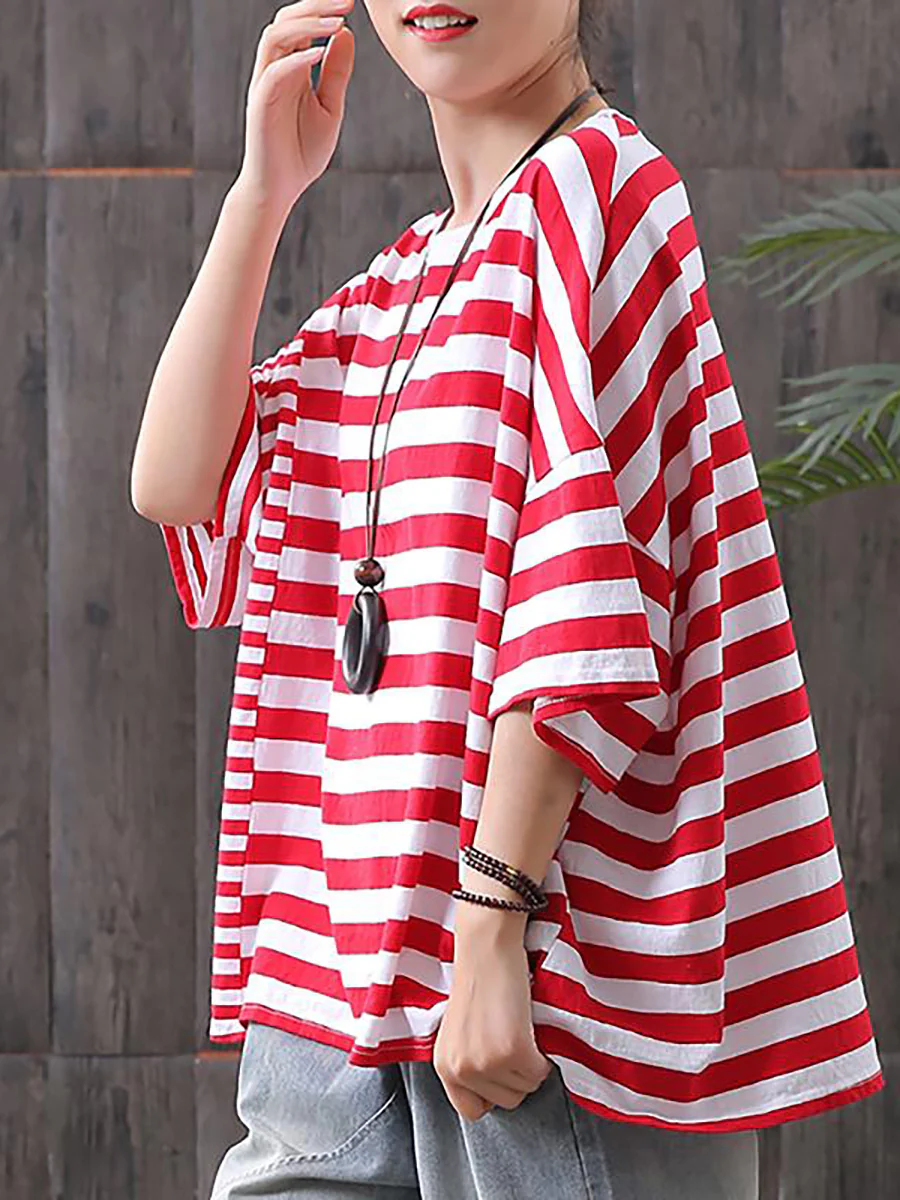 Plus Size - Buykud 100% Cotton Striped Casual T-Shirt - Image 3
