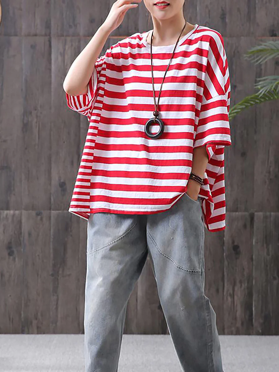 Plus Size - Buykud 100% Cotton Striped Casual T-Shirt - Image 4