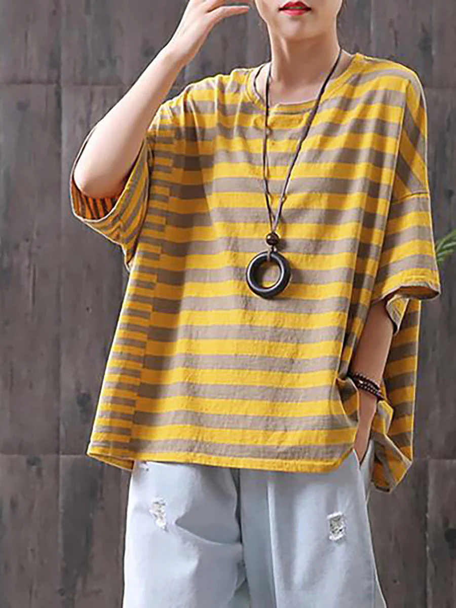 Plus Size - Buykud 100% Cotton Striped Casual T-Shirt - Image 5