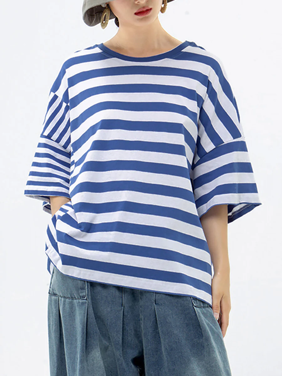 Plus Size - Buykud 100% Cotton Striped Casual T-Shirt - Image 7
