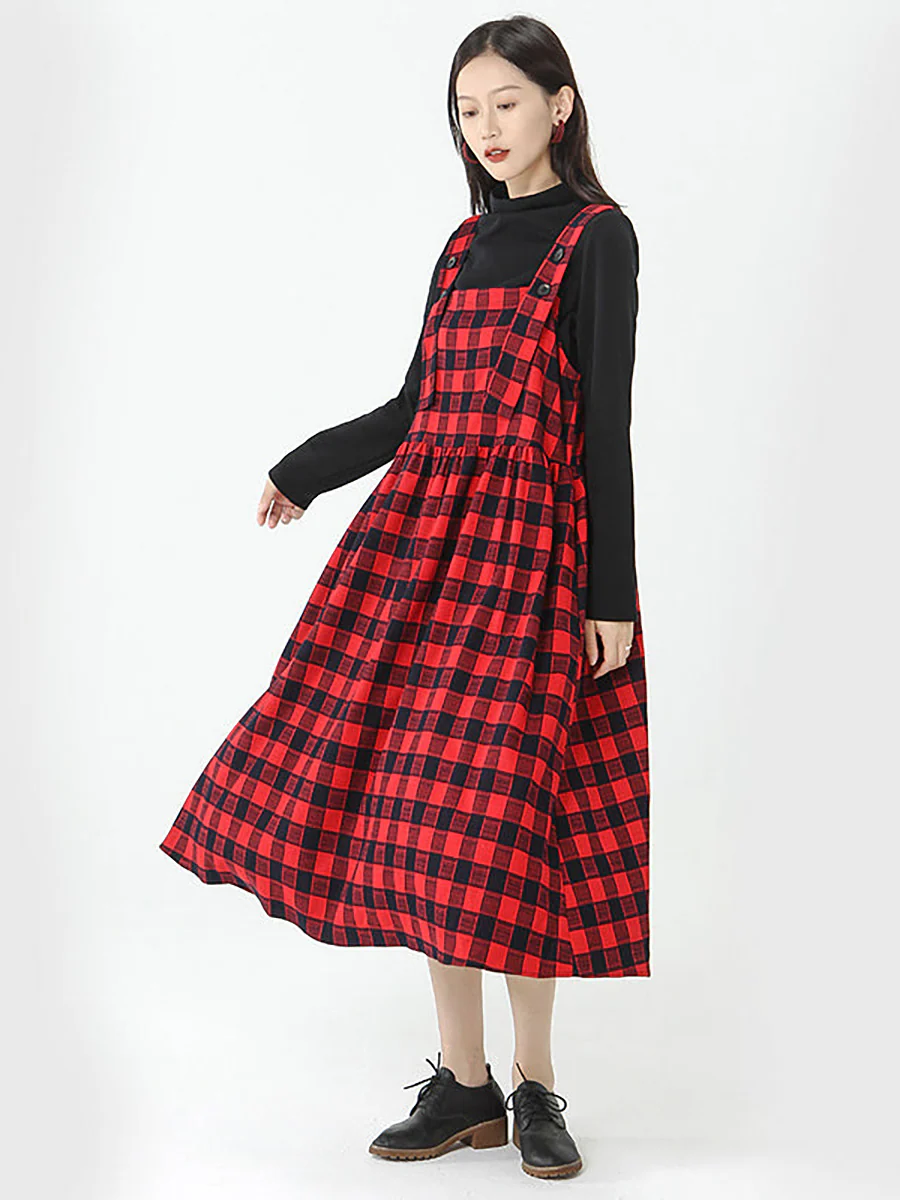 Plus Size - Cotton Women Top and Plaid Pinafore Dress - Image 3