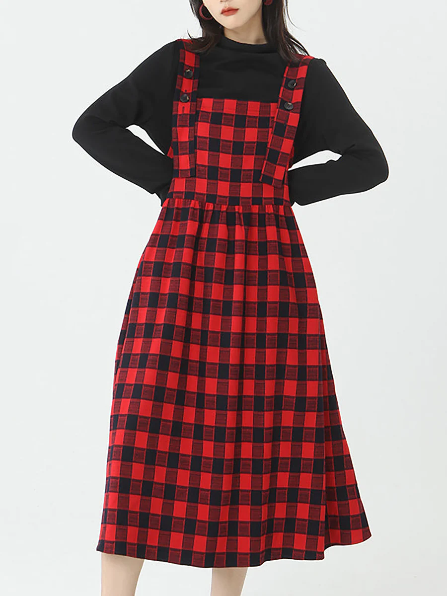 Plus Size - Cotton Women Top and Plaid Pinafore Dress - Image 4