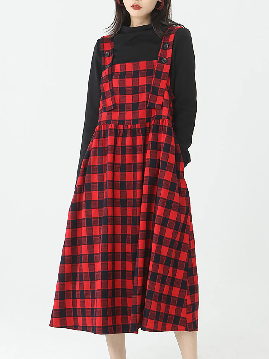 Plus Size - Cotton Women Top and Plaid Pinafore Dress - Image 5