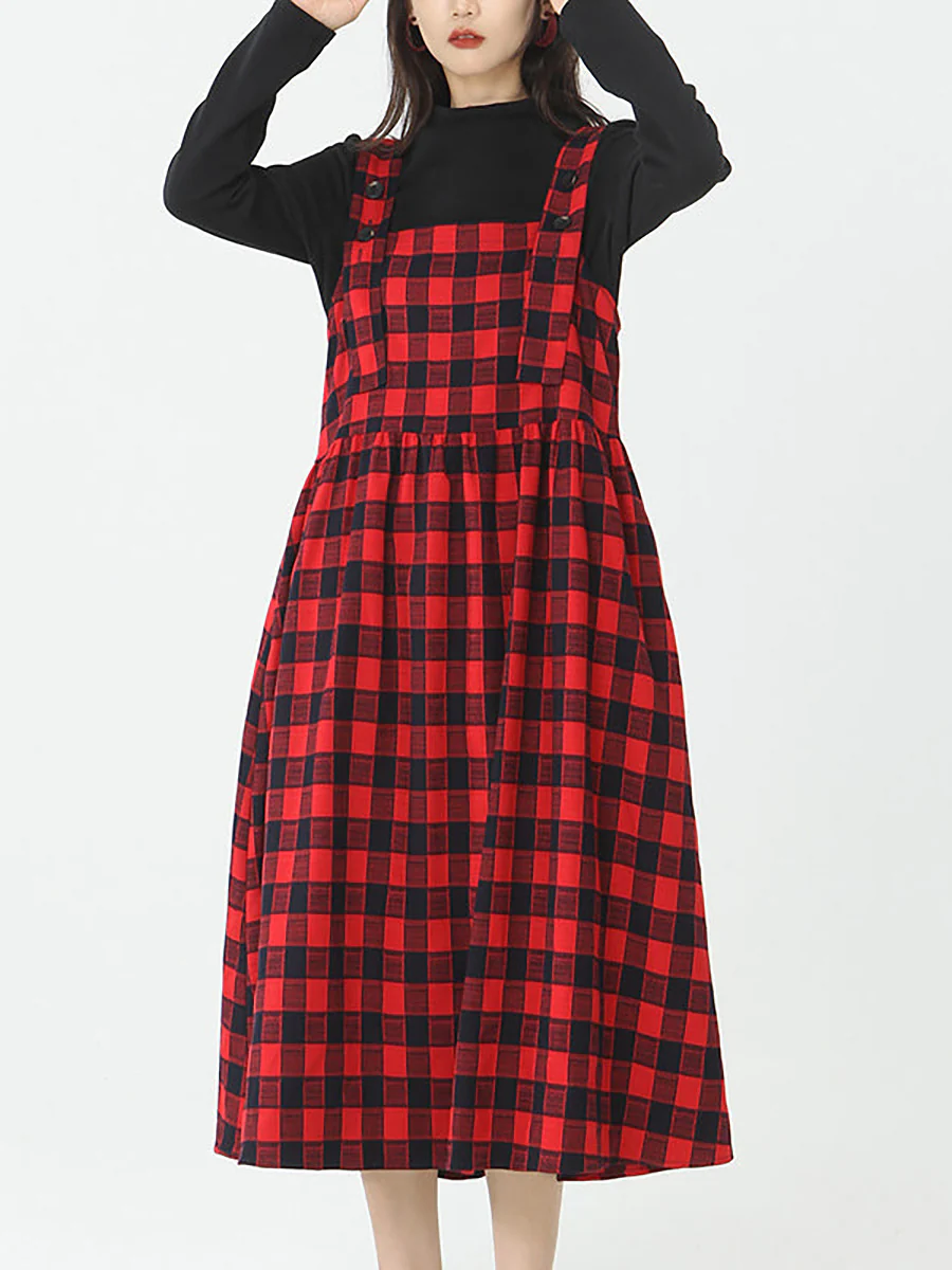 Plus Size - Cotton Women Top and Plaid Pinafore Dress - Image 6