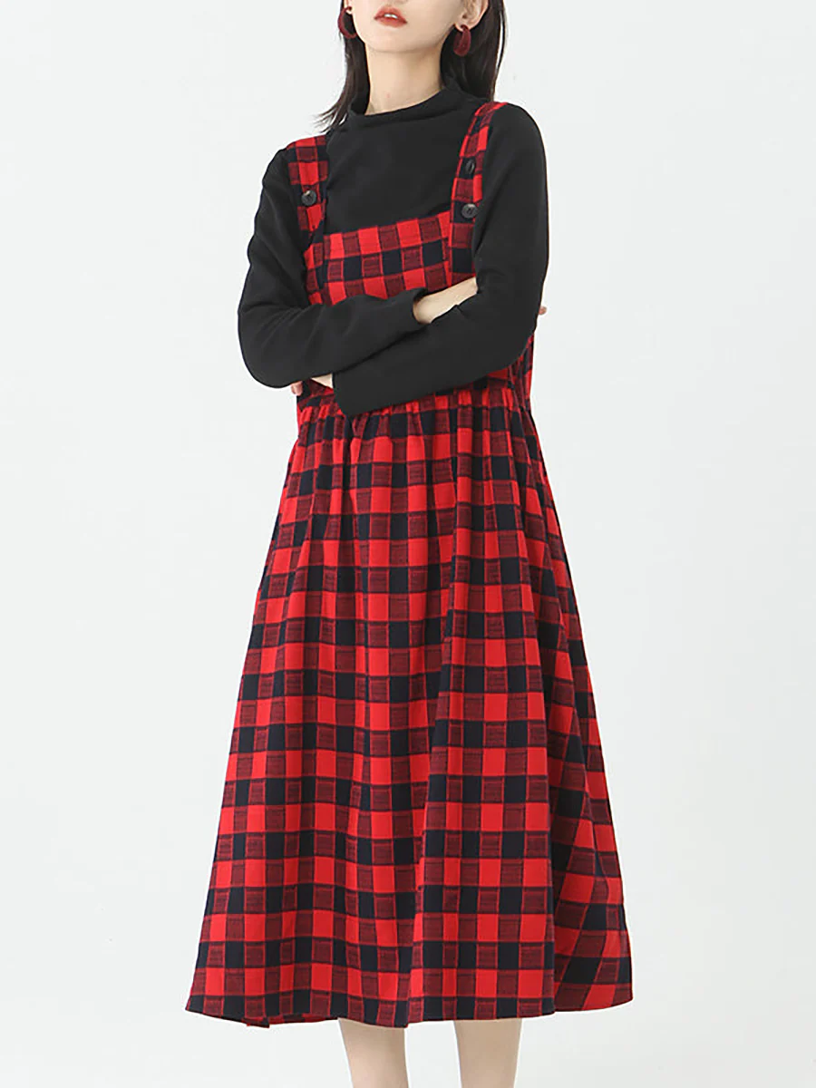 Plus Size - Cotton Women Top and Plaid Pinafore Dress - Image 7
